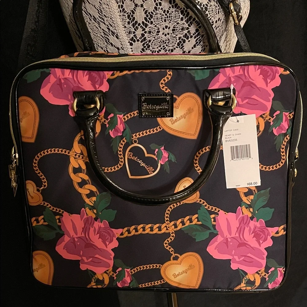 Betsey Johnson Black and Pink Floral Laptop Bag